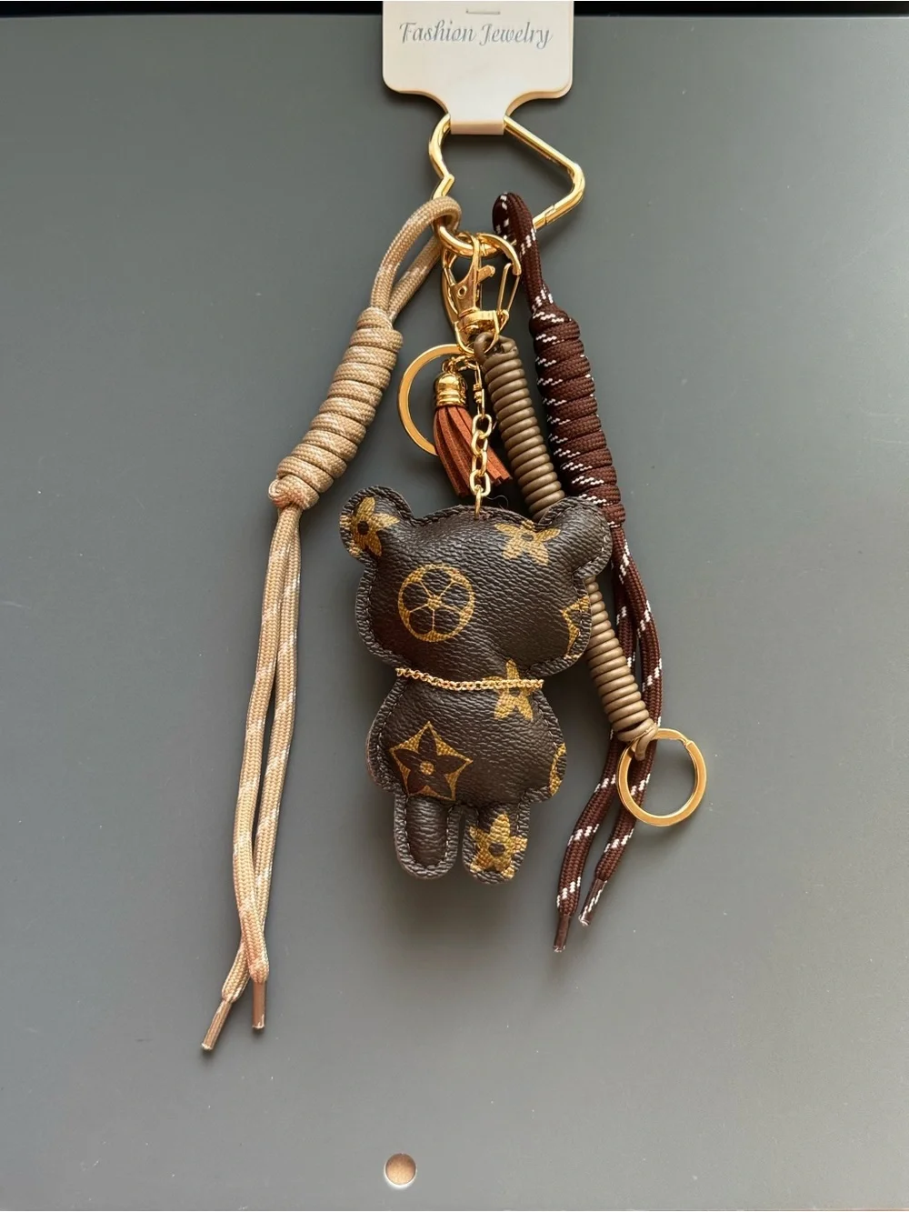 Brown Floral Bear Bag Charm Keychain Gold Accent Coordinating Cord NWT